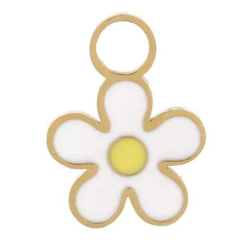 8mm Stainless steel 316L Daisy charm - Epoxy resin - Gold - White x1
