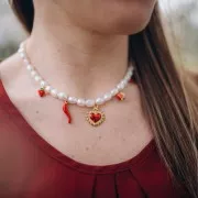 24x6mm Stainless Steel 316L Pimento Pendant Epoxy Resin - Gold - Red x1