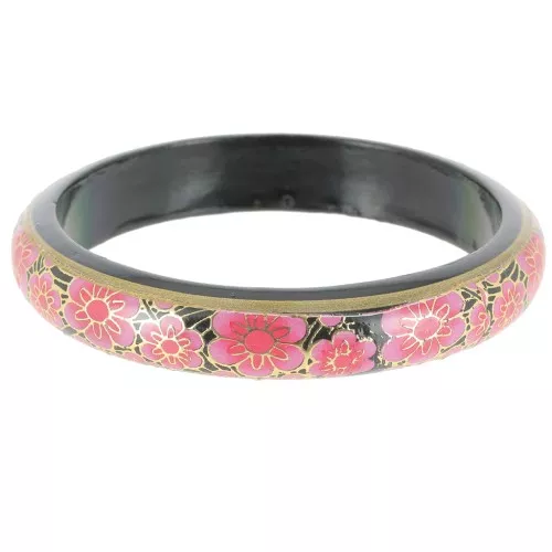 66mm Vintage floral wood bracelet - Black - Pink - Gold x1