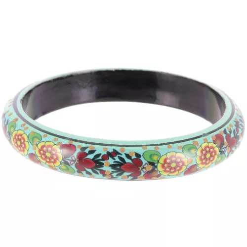 Wooden floral motif bracelet - 66 mm - Turquoise - Yellow - Black x1