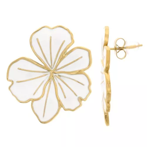 30x26mm Stainless steel 304L Flower earrings Epoxy resin - White - gold x2