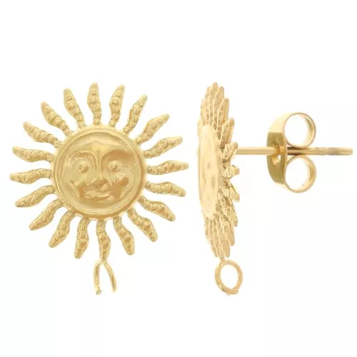 14mm Stainless steel 304L Sun face motif earstuds - Gold x2
