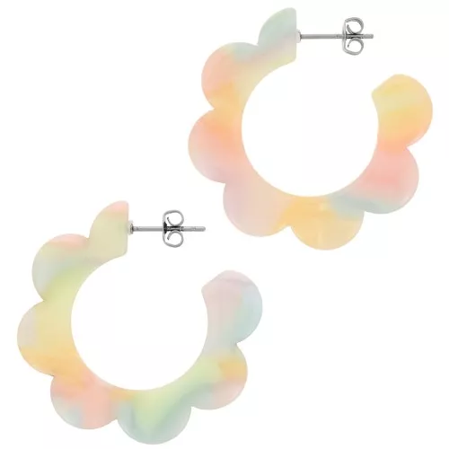 35mm acetate flat flower hoop earrings - Marbled pastel multicolored x2