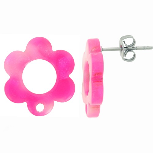 15mm acetate Flower-shaped earstuds - Tortoiseshell Fuchsia pearly x2