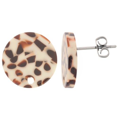 Round 15 mm acetate earstuds - Mottled brown - cream x2