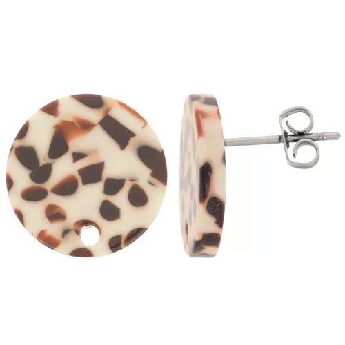 Round 15 mm acetate earstuds - Mottled brown - cream x2