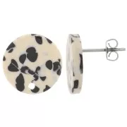 Round 15 mm acetate earstuds - Mottled Black - Beige x2