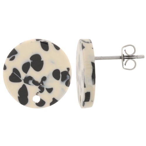 Round 15 mm acetate earstuds - Mottled Black - Beige x2