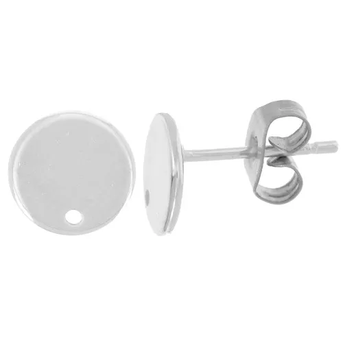 8mm Disc Earstuds with one hole - Silver Tone x2