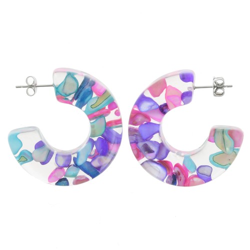 37 mm Wide hoop earrings - Transparent resin with shell inclusion - Purple x2