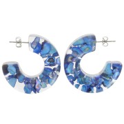 37 mm Wide hoop earrings - Transparent resin with shell inclusion - Blue x2
