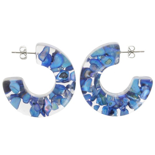 37 mm Wide hoop earrings - Transparent resin with shell inclusion - Blue x2