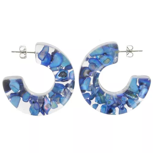 37 mm Wide hoop earrings - Transparent resin with shell inclusion - Blue x2