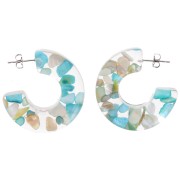 37 mm Wide hoop earrings - Transparent resin with shell inclusion - Turquoise x2