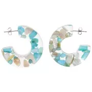 37 mm Wide hoop earrings - Transparent resin with shell inclusion - Turquoise x2