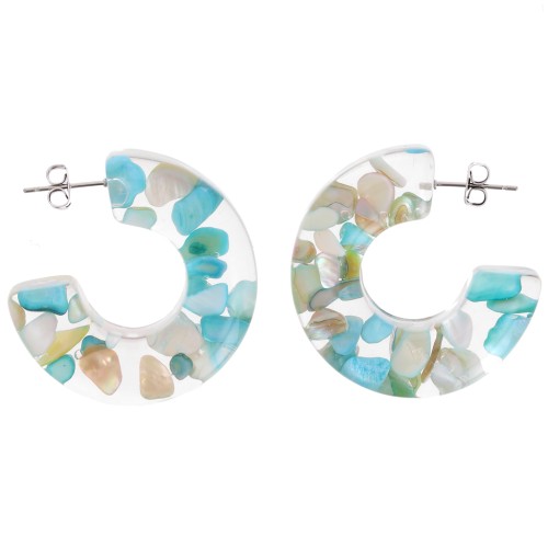 37 mm Wide hoop earrings - Transparent resin with shell inclusion - Turquoise x2