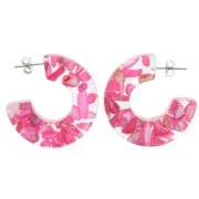 37 mm Wide hoop earrings - Transparent resin with shell inclusion - Fuchsia x2