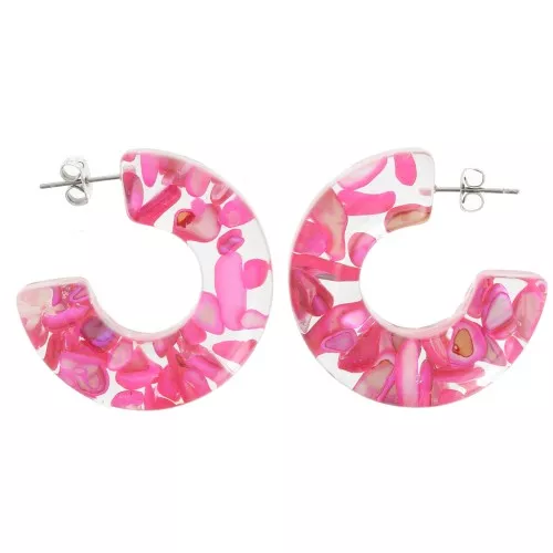 37 mm Wide hoop earrings - Transparent resin with shell inclusion - Fuchsia x2