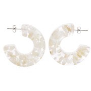 37 mm Wide hoop earrings - Transparent resin with shell inclusion - White x2