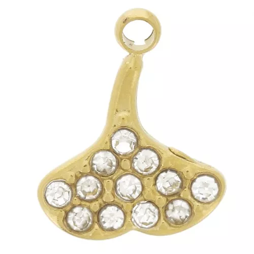 10x8mm 304L stainless steel Ginkgo charm with zirconium oxides - Gold x1