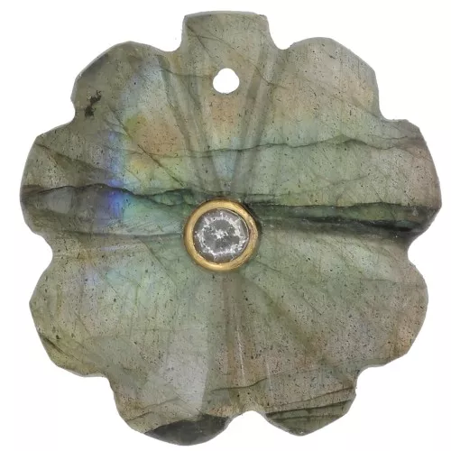 21mm gemstone Clover pendant - gold setting Fine gold - Labradorite - Crystal x1