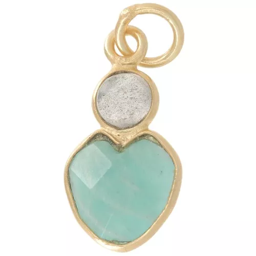 9x9mm Amazonite heart pendant and 4mm Labradorite cabochon - Fine Gold Plated x1