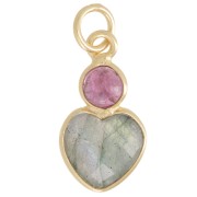 9x9mm Labradorite heart pendant and 4mm Tourmaline cabochon - Fine Gold Plated x1
