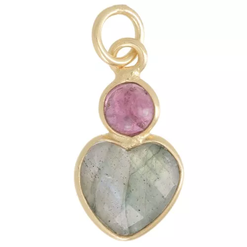 9x9mm Labradorite heart pendant and 4mm Tourmaline cabochon - Fine Gold Plated x1