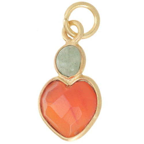 9x9mm Carnelian heart pendant and 4mm Aventurine cabochon - Fine Gold Plated x1