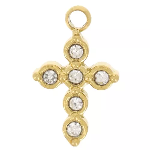 11x6mm 304L stainless steel Cross charm with zirconium oxides - Gold x1
