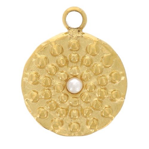 8mm 304L St. Steel round charm with imitation mother-of-pearl cabochon - Gold x1