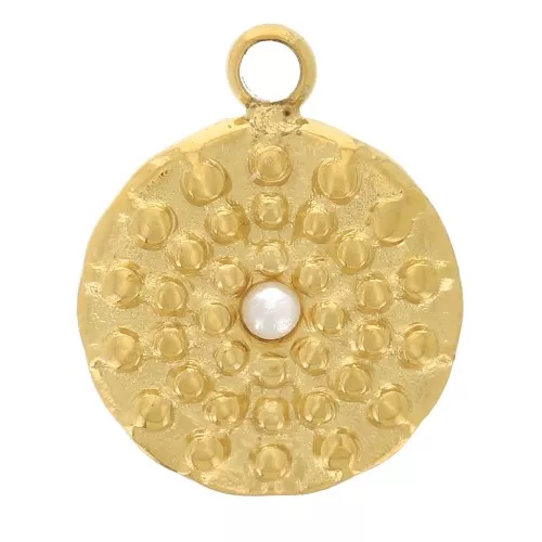 8mm 304L St. Steel round charm with imitation mother-of-pearl cabochon - Gold x1