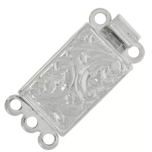 13x9mm 3-row rectangle clip clasp - arabesque pattern - Rhodium Tone x1