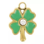 10x7mm 304L stainless steel Clover charm - Epoxy resin - Green - Gold x1