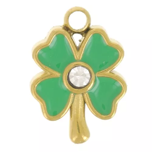 10x7mm 304L stainless steel Clover charm - Epoxy resin - Green - Gold x1