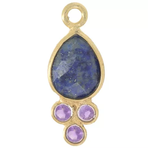 18x7mm gemstone drop Pendant - Fine gold Plated - Lapiz lazuli and Amethyst x1