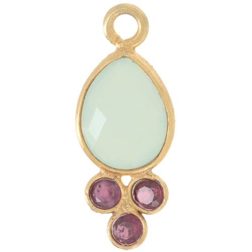 18x7mm gemstone drop Pendant - Fine gold Plated - Chalcedony and Garnet x1