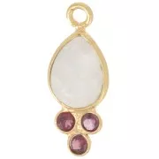 18x7mm gemstone drop Pendant - Fine gold Plated - Moonstone and Garnet x1