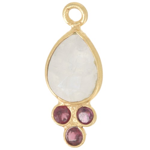18x7mm gemstone drop Pendant - Fine gold Plated - Moonstone and Garnet x1