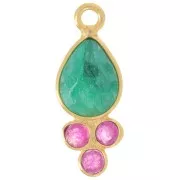 18x7mm gemstone drop Pendant - Fine gold Plated - imitates Emerald & Chalcedony x1