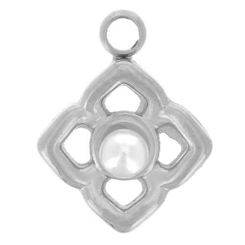 7mm 304L st. steel flower charm - imitation mother-of-pearl cabochon x1