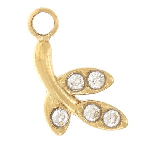 9x5mm Stainless steel 304L leaf Charm with zirconium oxides - Gold x1