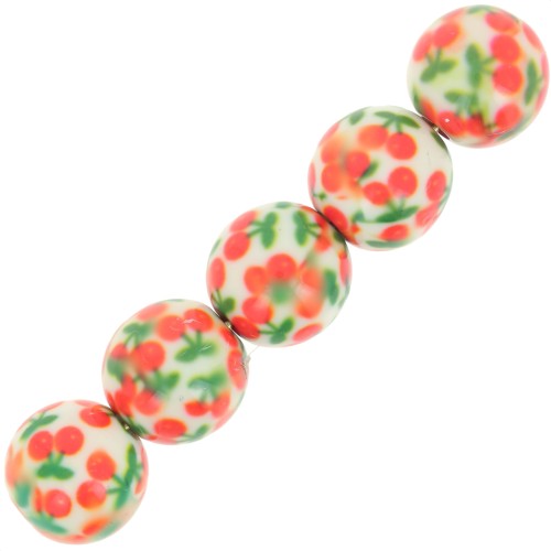 10mm round resin beads with cherry pattern - White - Orange - Green x10