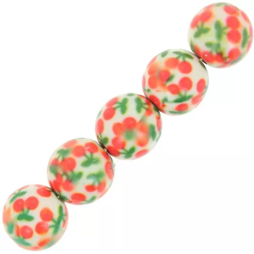 10mm round resin beads with cherry pattern - White - Orange - Green x10