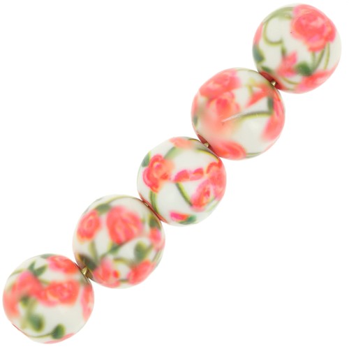 10mm round resin beads with floral pattern - White - Coral - Green pattern x10