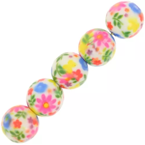 10mm round resin beads with floral pattern - White - Multicolored x10