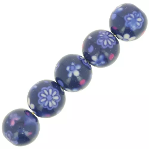 10mm round resin beads with floral pattern - Dark blue - White x10