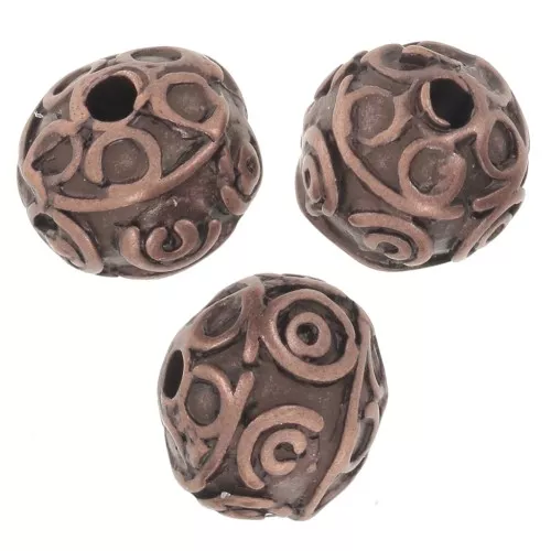 Flattened round beads 8x7 mm - arabesque patterns - - Aged copper x5