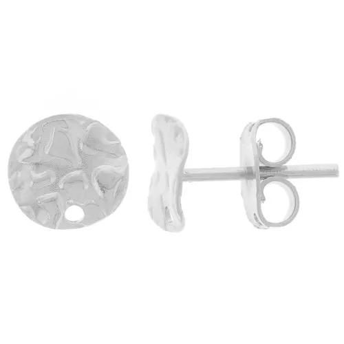 8mm Hammered and corrugated disc earstuds with hole - Fine silver plating x2