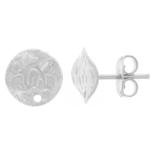 Hammered and corrugated disc earstuds with 10mm hole - Fine silver plating x2